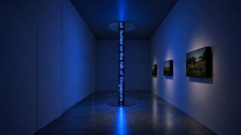 A blue LED light installation reading text from the Malay Annals descends through a lifted gallery floor at LOY Contemporary Art Gallery, part of Fragment of a Story by Akai Chew.