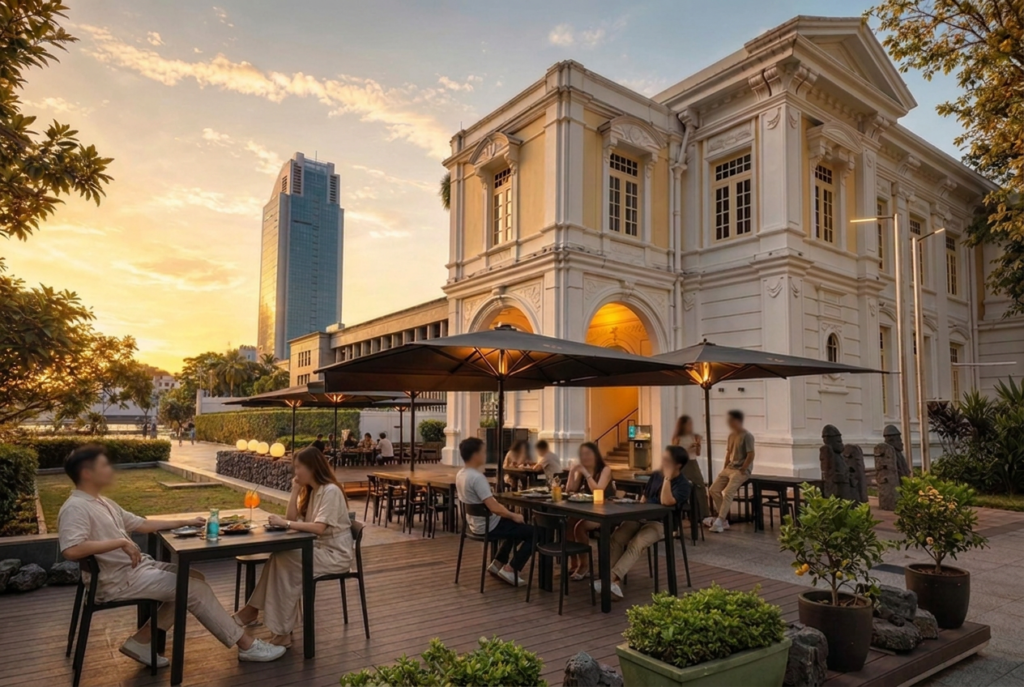 Guests dining at outdoor tables in the courtyard of The Arts House at sunset, part of the new Jeju Haenyeo outdoor pub.