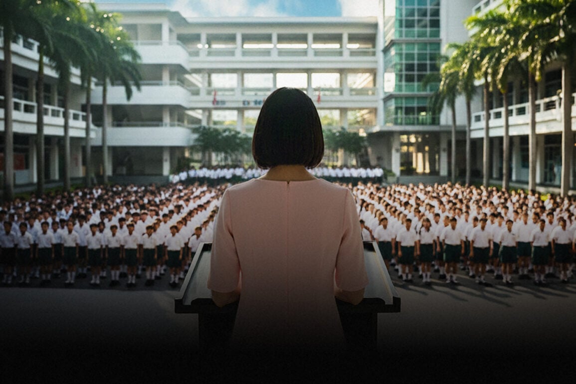 School principal in pink dress addresses uniformed students at assembly, key art for The Radicalisation of Mrs. Mary Lim-Rodrigues at Wild Rice