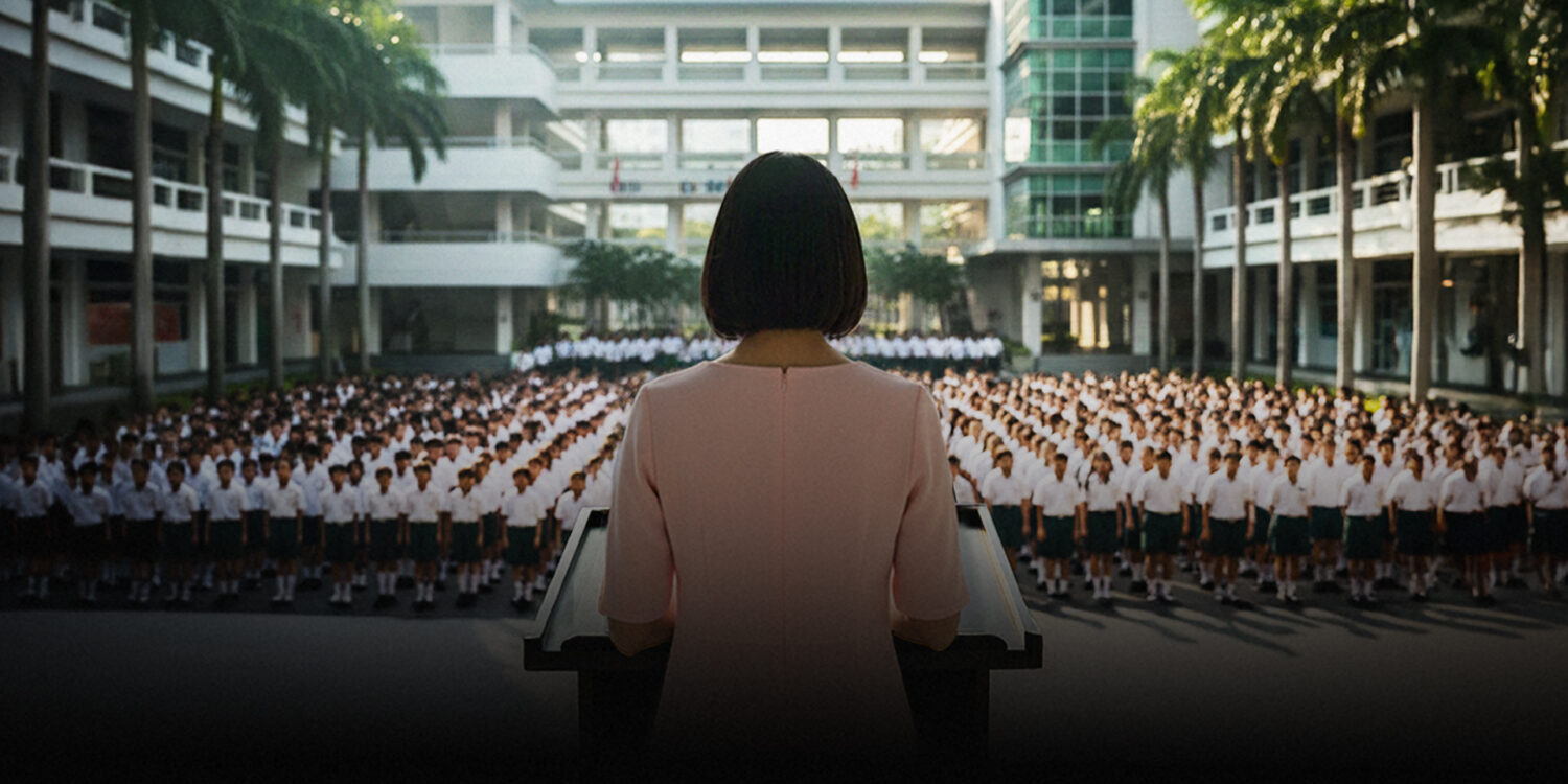 School principal in pink dress addresses uniformed students at assembly, key art for The Radicalisation of Mrs. Mary Lim-Rodrigues at Wild Rice