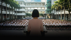 School principal in pink dress addresses uniformed students at assembly, key art for The Radicalisation of Mrs. Mary Lim-Rodrigues at Wild Rice