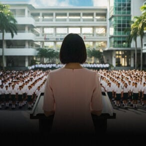 School principal in pink dress addresses uniformed students at assembly, key art for The Radicalisation of Mrs. Mary Lim-Rodrigues at Wild Rice