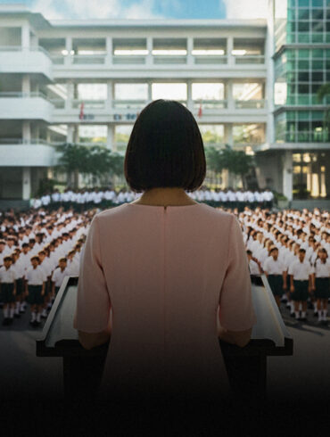 School principal in pink dress addresses uniformed students at assembly, key art for The Radicalisation of Mrs. Mary Lim-Rodrigues at Wild Rice