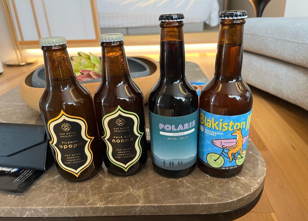 Four bottles of local Furano craft beer from Hop Kotan Brewing and Nakafurano Brewery