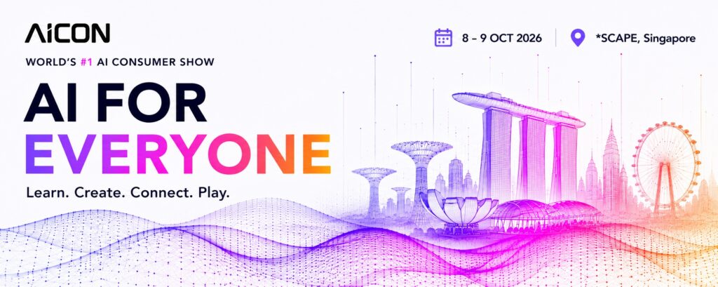 AICON 2026 "AI for Everyone" banner showing the Singapore skyline in gradient line art, with event dates 8 to 9 October 2026 at *SCAPE