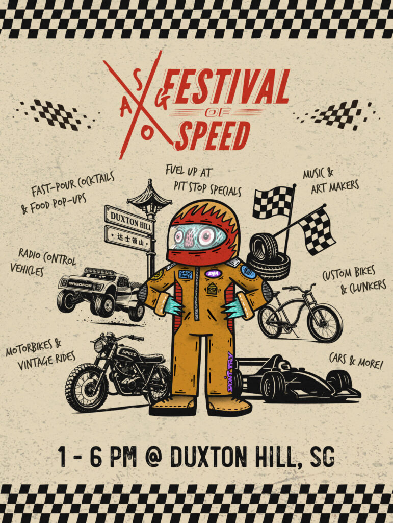 Illustrated poster for Sago Festival of Speed at Duxton Hill, featuring a cartoon racer surrounded by classic cars, motorbikes, bicycles and festival activities