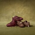 PUMA x ROSÉ Speedcat sneakers in burgundy and brown nubuck leather with wrapped laces, stacked on an olive green backdrop with white butterflies.