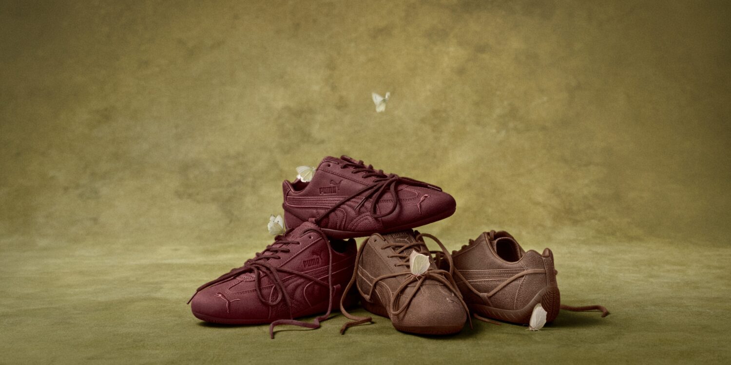 PUMA x ROSÉ Speedcat sneakers in burgundy and brown nubuck leather with wrapped laces, stacked on an olive green backdrop with white butterflies.