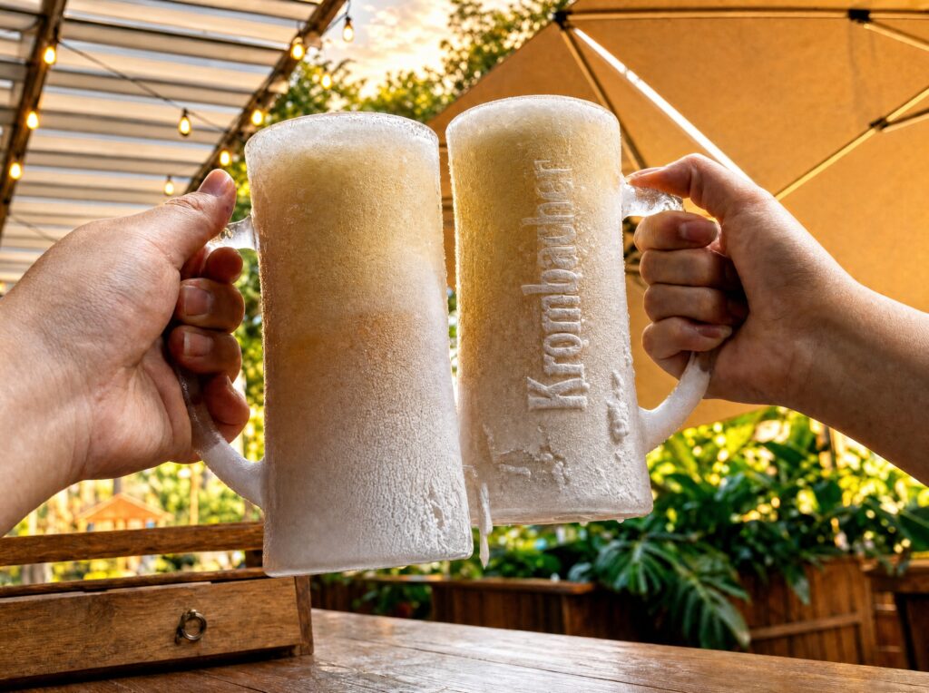 Two frosted mugs of beer frozen at −86°C raised in a toast at WHUCHU Beer Garden, UE Square.