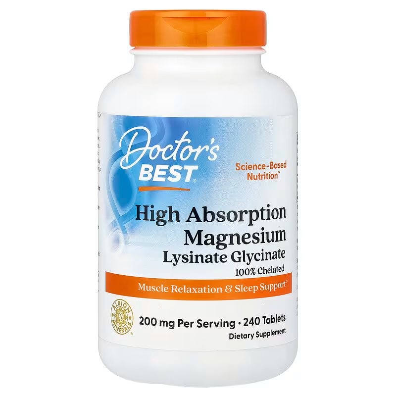 Doctor’s Best High Absorption Magnesium Lysinate Glycinate, 240-tablet bottle with orange cap, available on iHerb Singapore