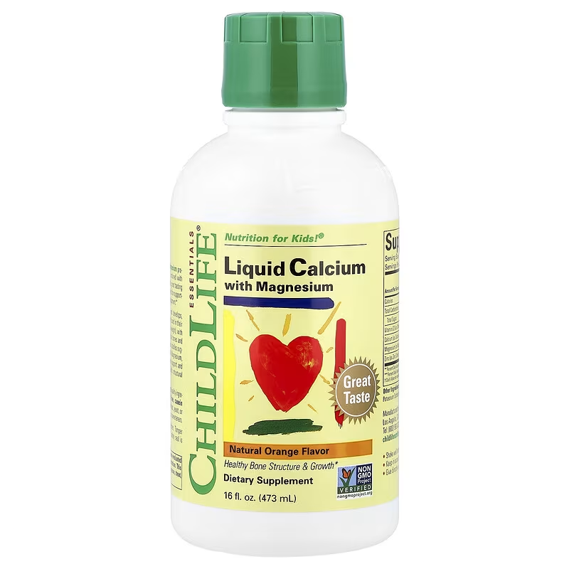 ChildLife Essentials Liquid Calcium with Magnesium in natural orange flavour, 473ml bottle with green cap