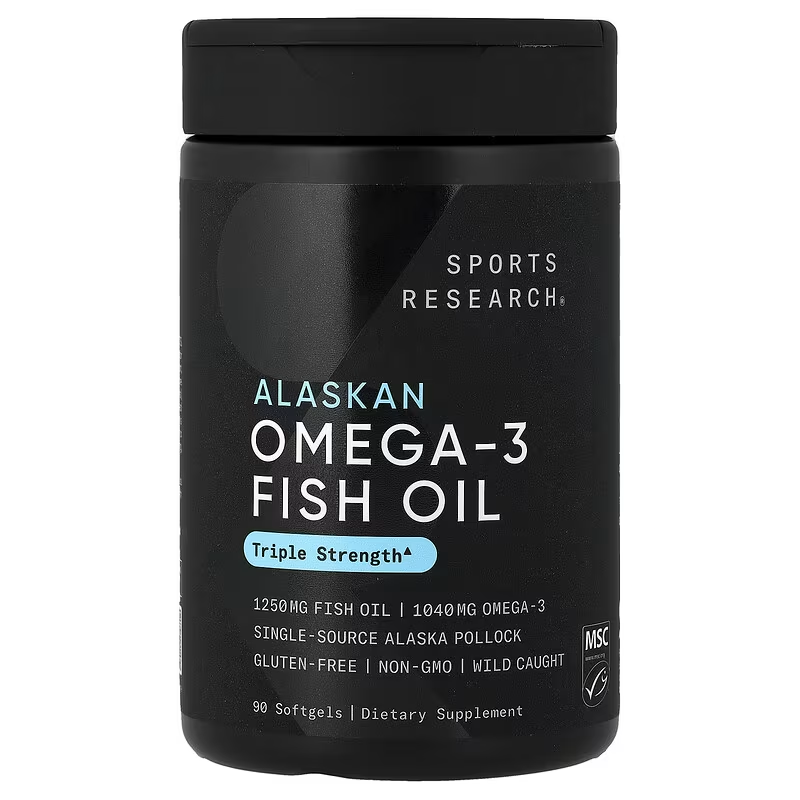 Sports Research Alaskan Omega-3 Fish Oil Triple Strength, black bottle of 90 softgels made from wild Alaska pollock