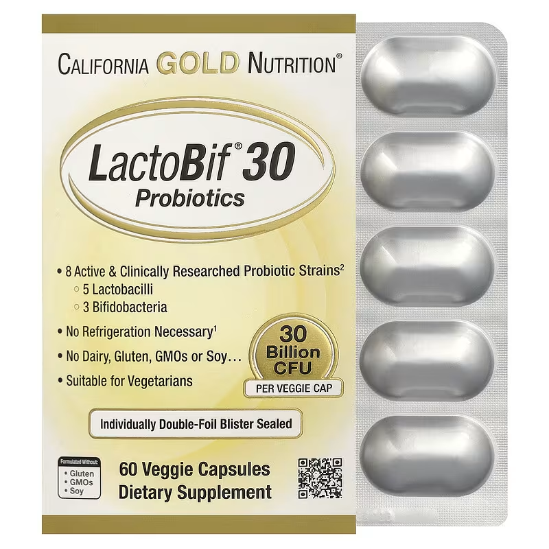 California Gold Nutrition LactoBif 30 Probiotics box with individually foil-sealed veggie capsules, iHerb’s house brand