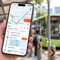 A commuter holds a phone showing the TransitNow app’s real-time bus arrival time for bus 7 to Clementi Interchange, with a boarding alert set at the SMU stop, as a green bus 7 approaches a Singapore bus stop.