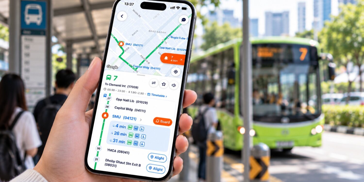 A commuter holds a phone showing the TransitNow app’s real-time bus arrival time for bus 7 to Clementi Interchange, with a boarding alert set at the SMU stop, as a green bus 7 approaches a Singapore bus stop.