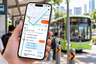 A commuter holds a phone showing the TransitNow app’s real-time bus arrival time for bus 7 to Clementi Interchange, with a boarding alert set at the SMU stop, as a green bus 7 approaches a Singapore bus stop.