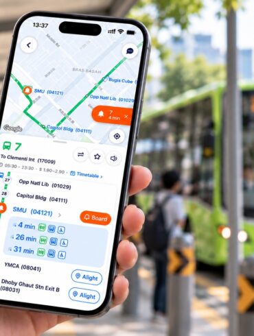 A commuter holds a phone showing the TransitNow app’s real-time bus arrival time for bus 7 to Clementi Interchange, with a boarding alert set at the SMU stop, as a green bus 7 approaches a Singapore bus stop.