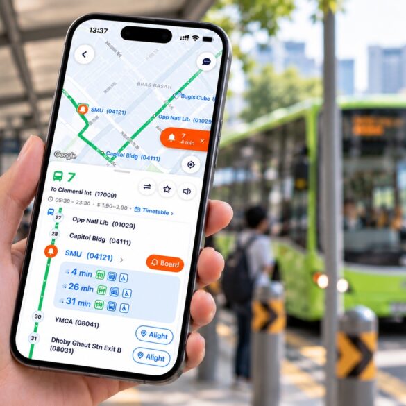 A commuter holds a phone showing the TransitNow app’s real-time bus arrival time for bus 7 to Clementi Interchange, with a boarding alert set at the SMU stop, as a green bus 7 approaches a Singapore bus stop.